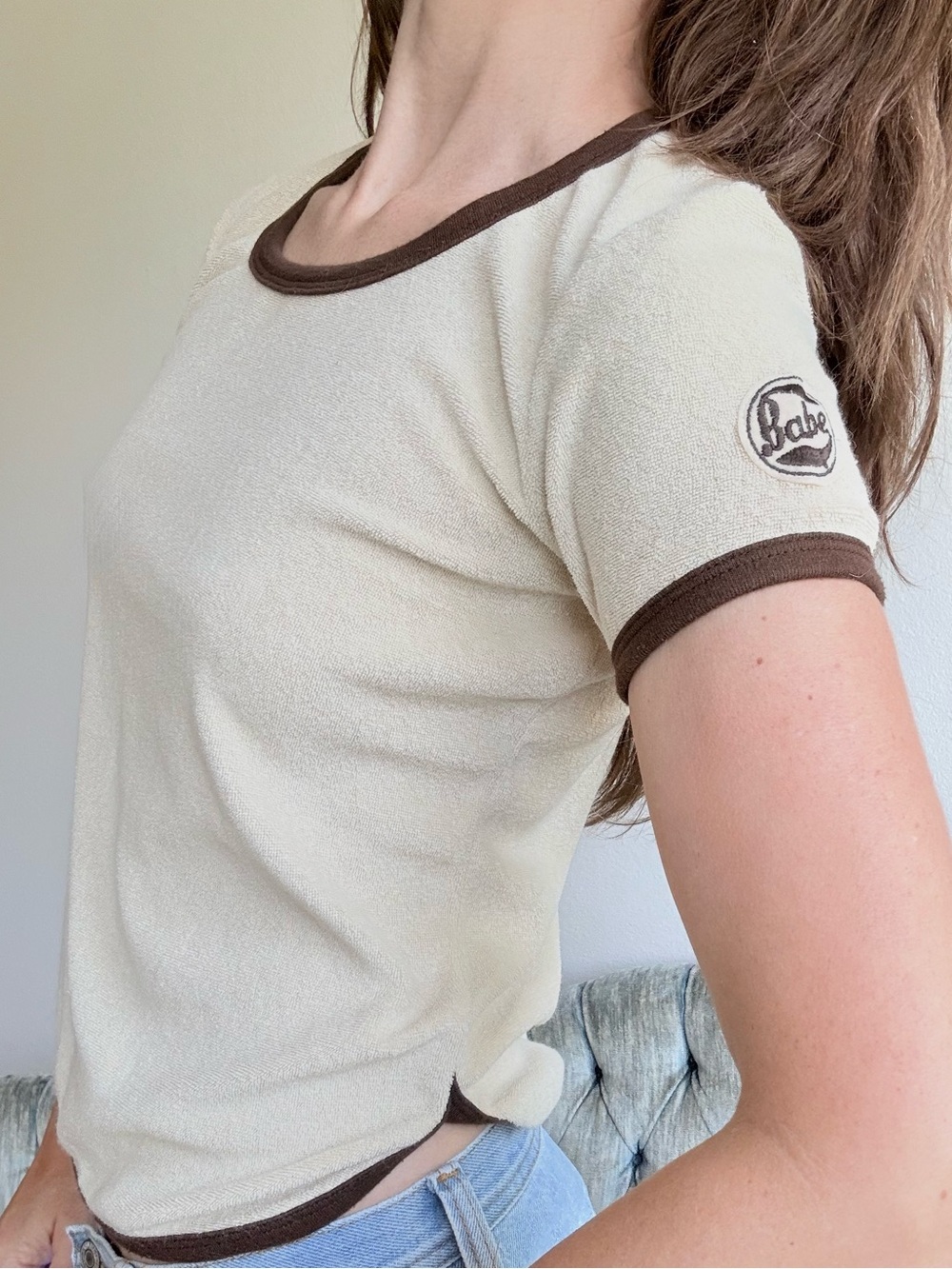 70s Ringer Tee Cream Terrycloth Babe Embroidered Patch Small Faberg